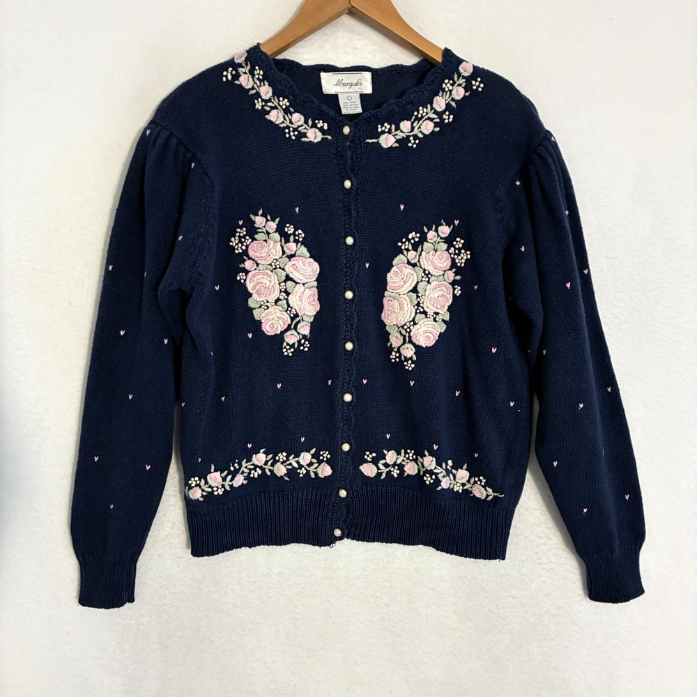 Margules Knit Crop Cardigan Sweater Womens L Embroidered Floral Cottagecore Boho